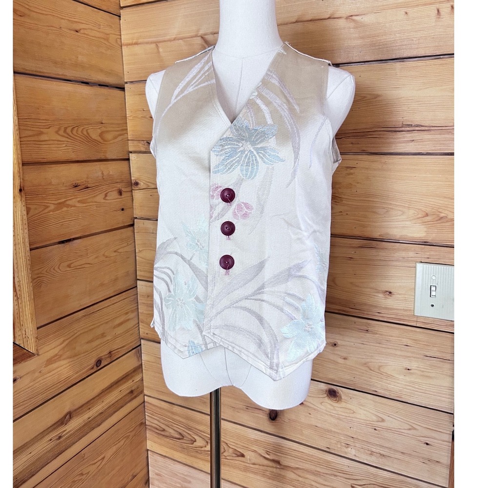 Vintage Jacquard Brocade Vest Womens Small Cream Floral Asymmetrical Handmade